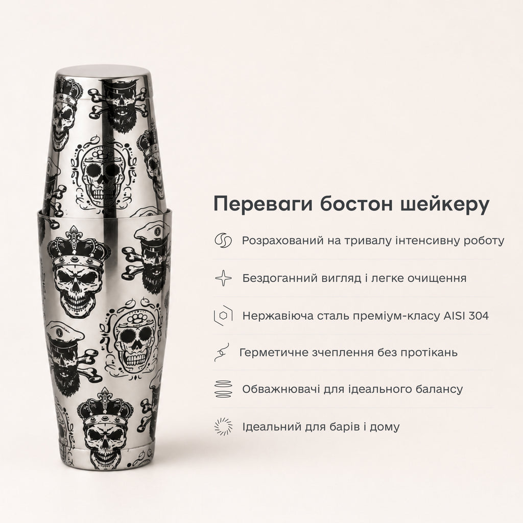 Шейкер Бостон Череп прямий 850+550 мл сріблястий
