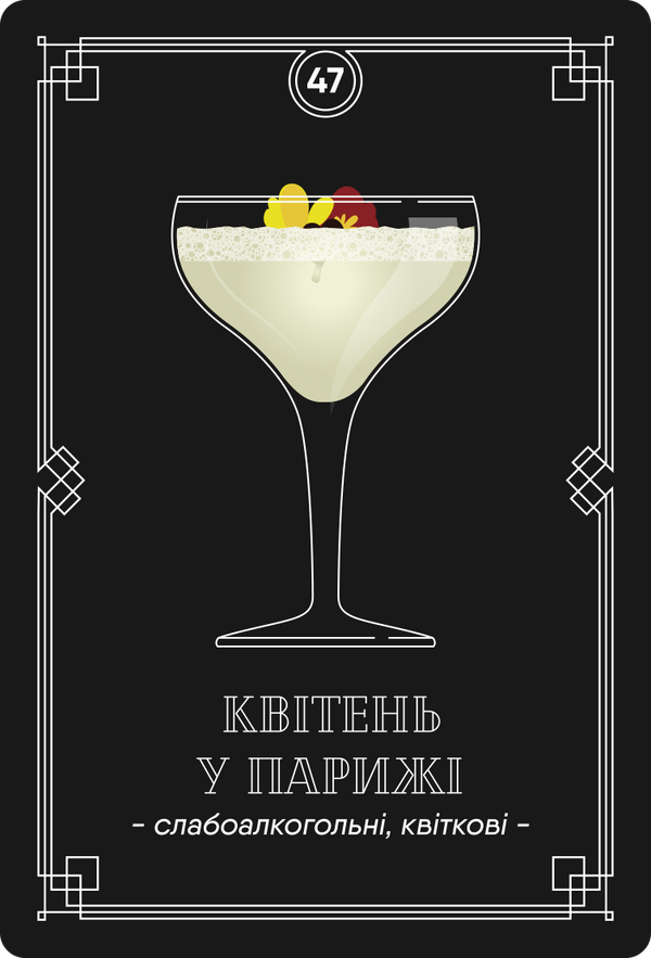 Картка з рецептом коктейлю «Квітень у Парижі», колода №2: слабоалкогольні, квіткові