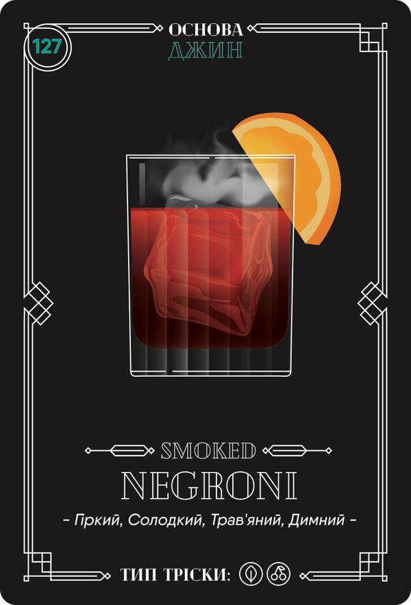 Картка з рецептом коктейлю «Smoked Negroni», колода №4: гіркий, солодкий, трав’яний, димний